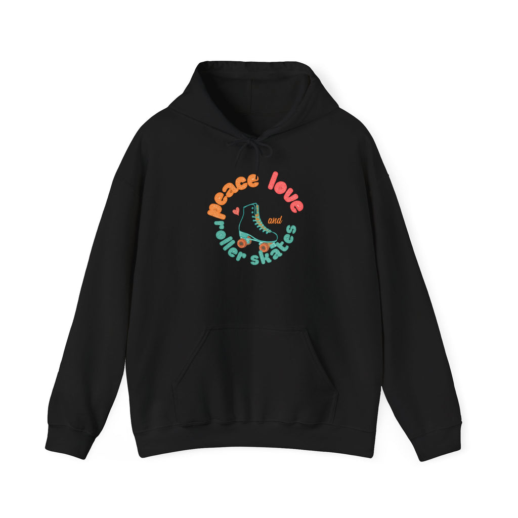 Peace, Love & Roller Skates Hoodie — Retro Roller Skating Graphic Sweatshirt