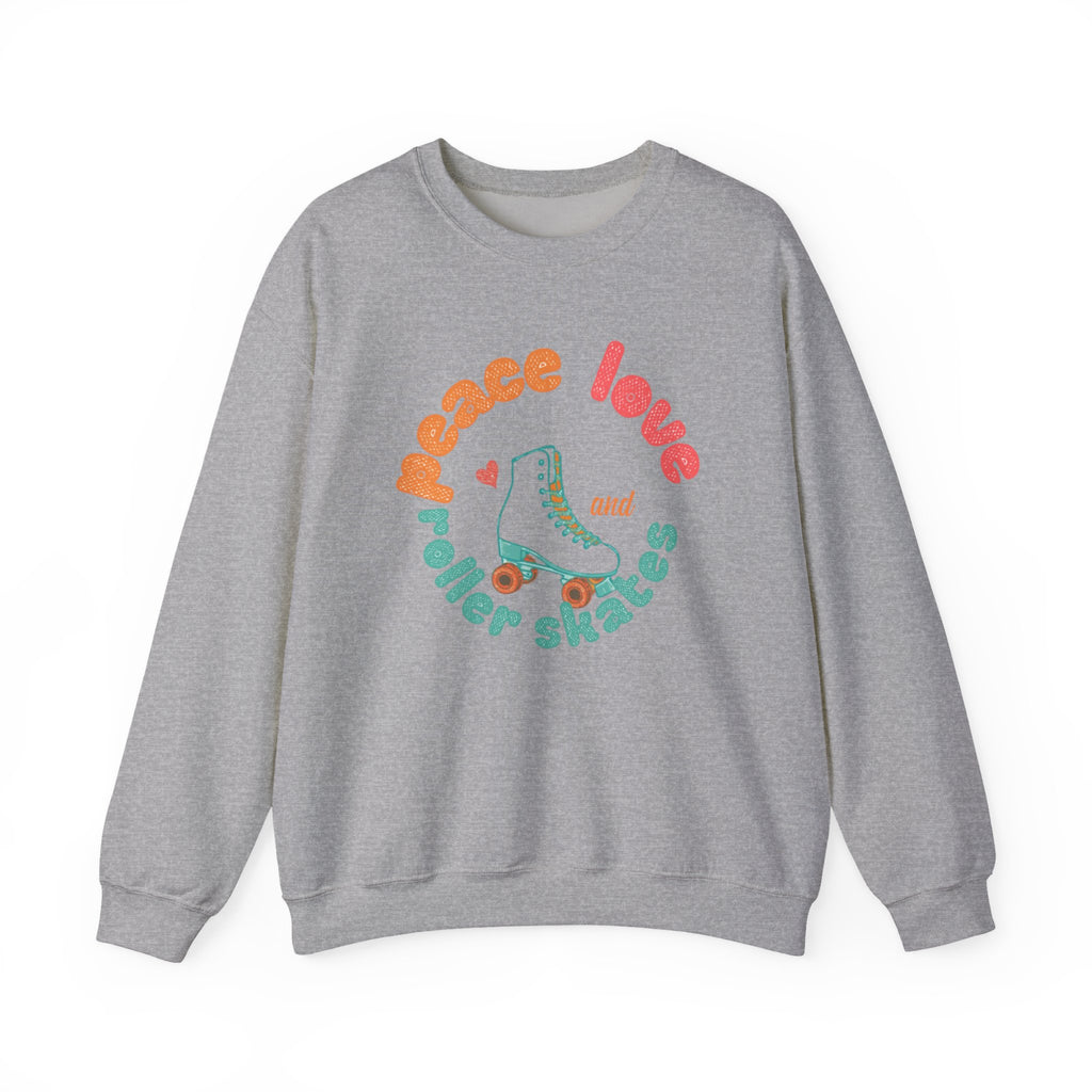 Crewneck Sweatshirt — "Peace, Love & Roller Skates" Retro Roller Skate Graphic